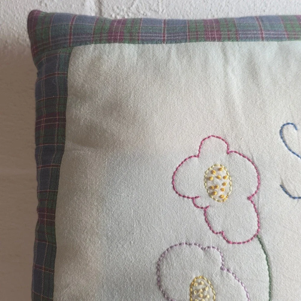 Embroidered Sisters Gift Floral Plaid Throw Pillow Cream Cottagecore